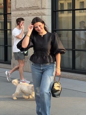 Black Puff Sleeve Peplum Top